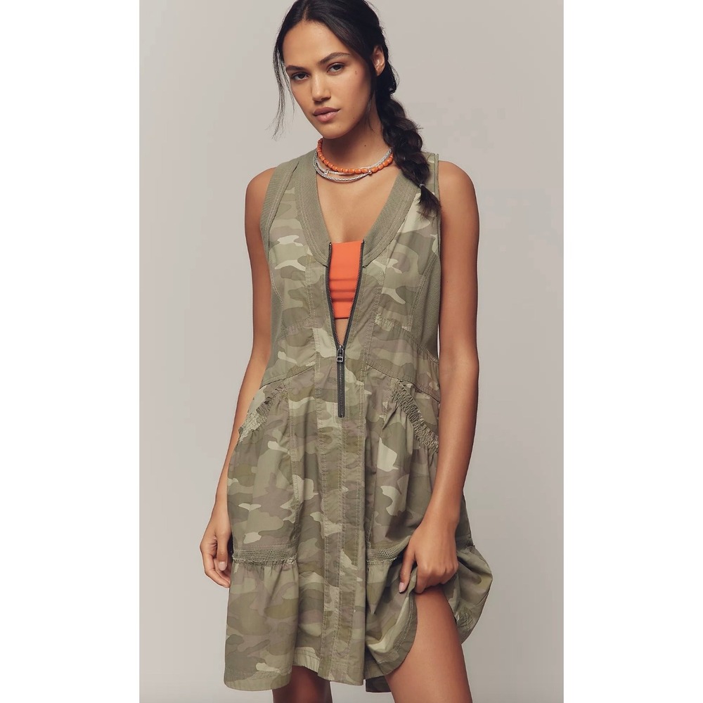 Camo Zip-Front Mini Dress in Olive Green